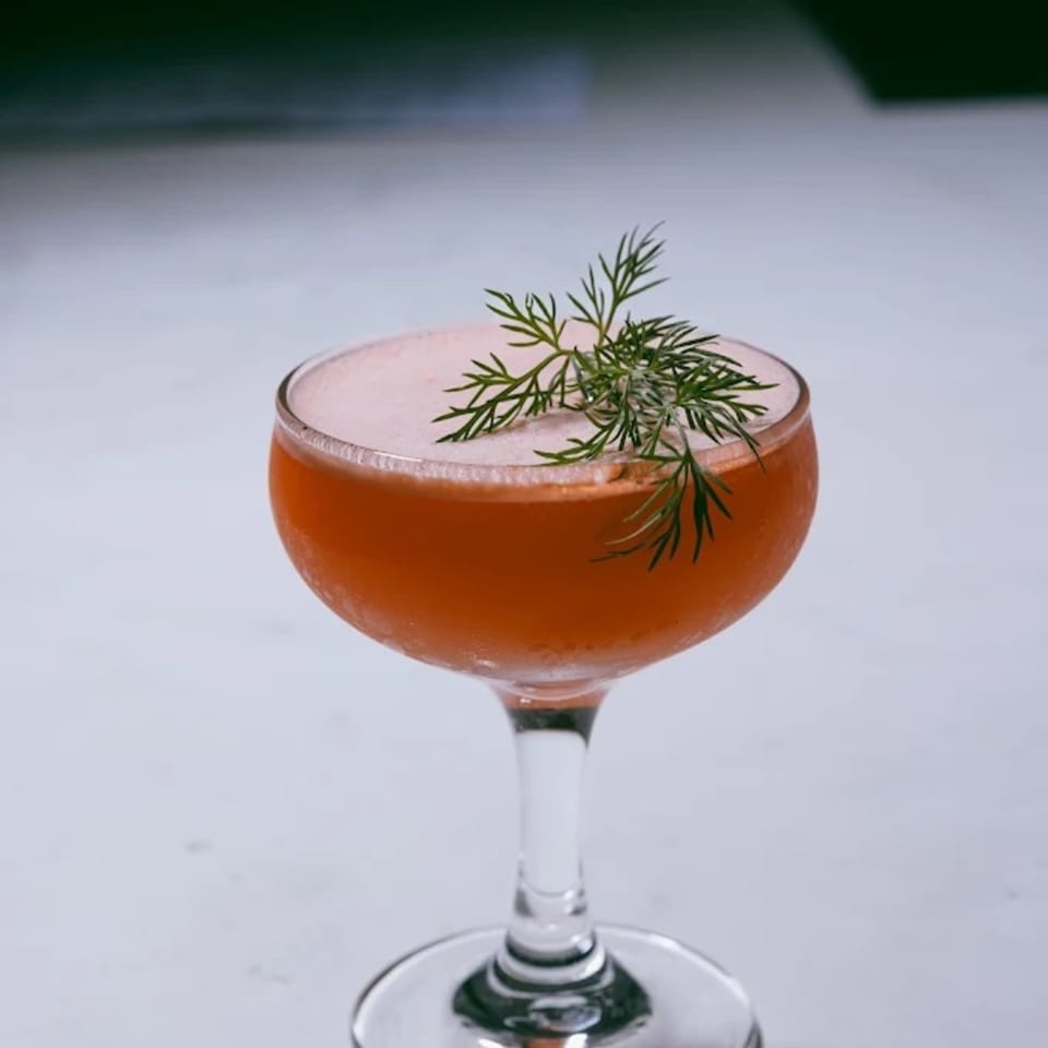A vibrant orange cocktail with a foamy top, garnished with fresh dill sprigs in a coupe glass.
