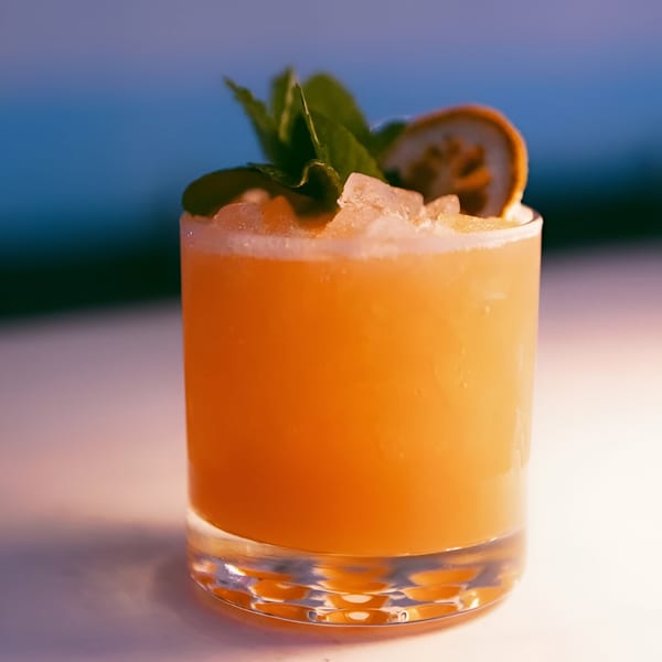 Blue Rabbit Bar's orange cocktail with ice, mint, and a dried orange slice.