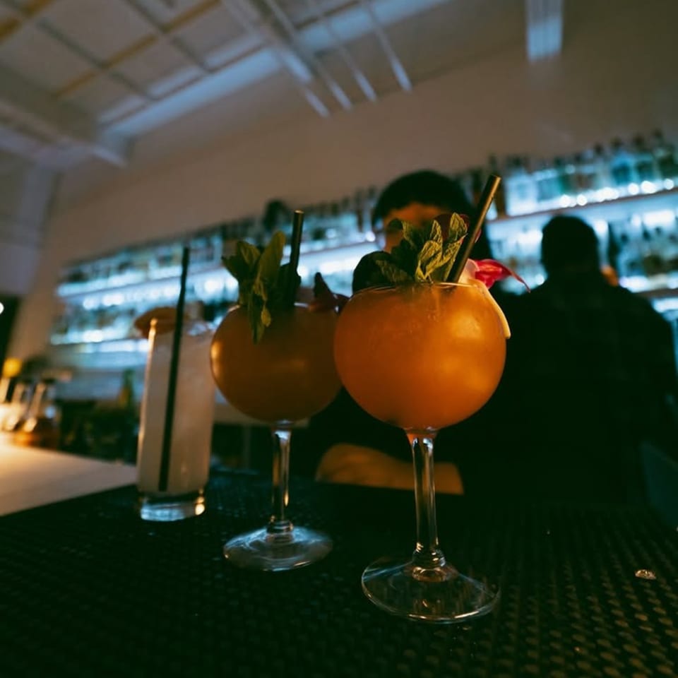 Two orange cocktails with mint and a flower garnish sit on a bar counter at Blue Rabbit Bar.